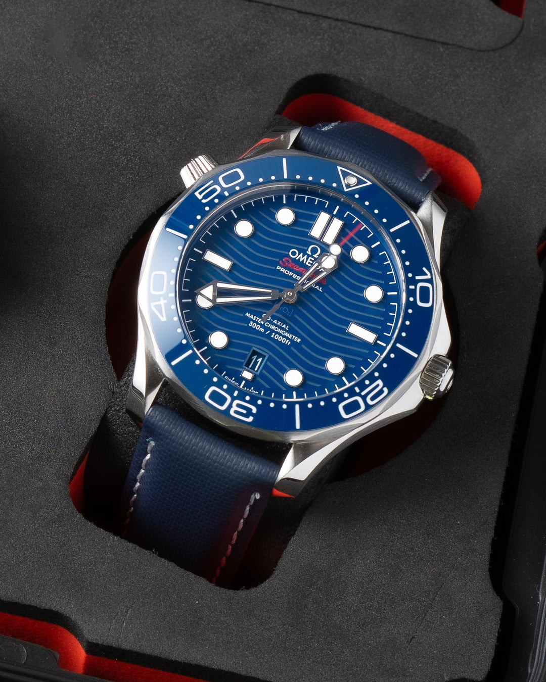 Navy Sailcloth on Omega Seamaster dive watch - Anchor Strap Co.