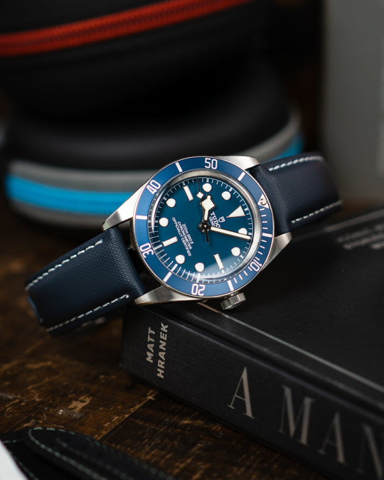 Navy Sailcloth on Tudor Black Bay 58 dive watch - Anchor Strap Co.