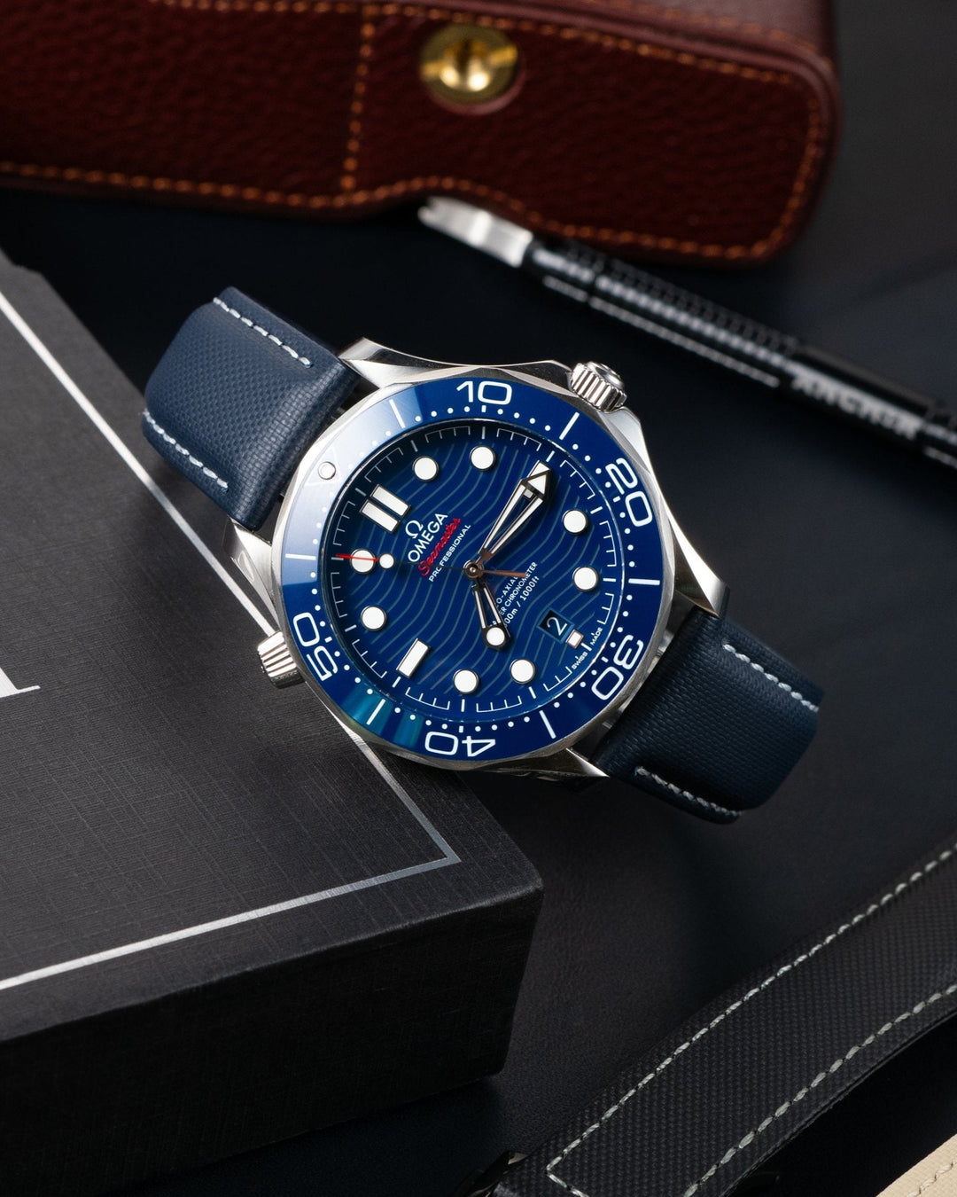 Navy Sailcloth on Omega Seamaster dive watch - Anchor Strap Co.