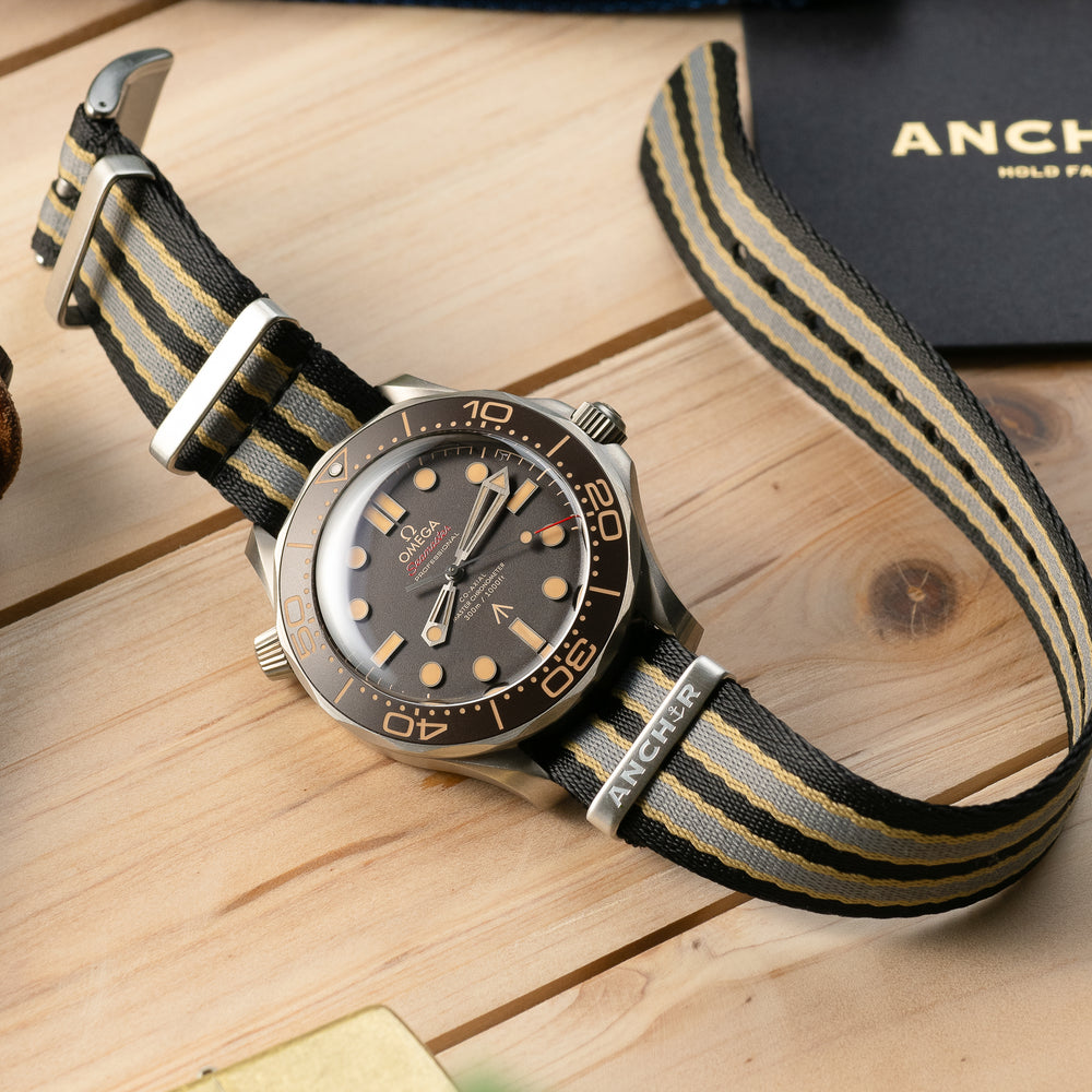 NTTD Premium Nylon Strap on Omega Seamaster NTTD James Bond Edition Dive Watch- Anchor Strap Co.