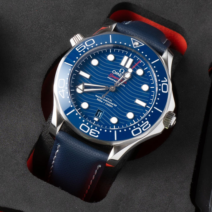 Navy Sailcloth on Omega Seamaster dive watch - Anchor Strap Co.