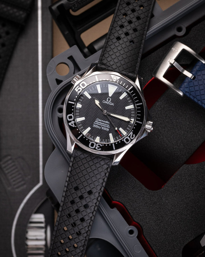 AnchorFLEX "Brando" Rubber Strap - Black on an Omega Seamaster Dive Watch- Anchor Strap Co.