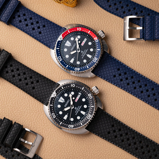 AnchorFLEX "Brando" Rubber Strap - Black and Navy on Seiko Turtle Dive Watches - Anchor Strap Co.