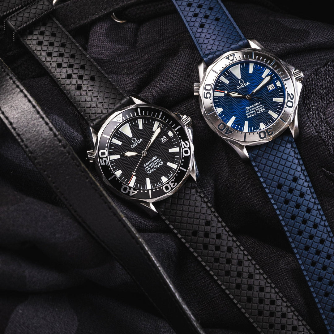 AnchorFLEX "Brando" Rubber Strap - Black and Navy on Omega Seamaster Dive Watches - Anchor Strap Co.