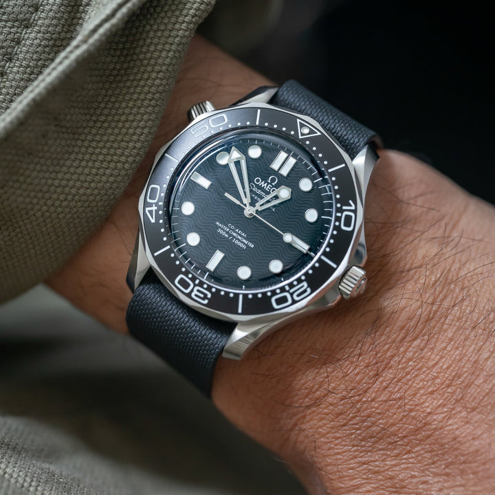 AnchorFlex Pro - Bathyscaphe Black on no-date Omega Seamaster Professional 300m Diver- Anchor Strap Co.