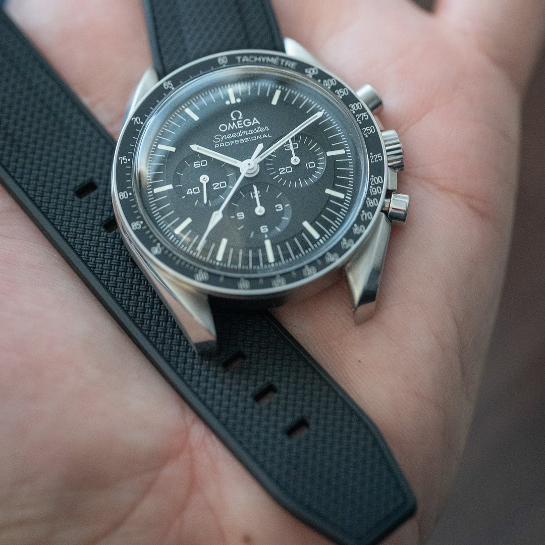 AnchorFLEX Rubber Strap - Black on an Omega Speedmaster Chronograph Watch - Anchor Strap Co.