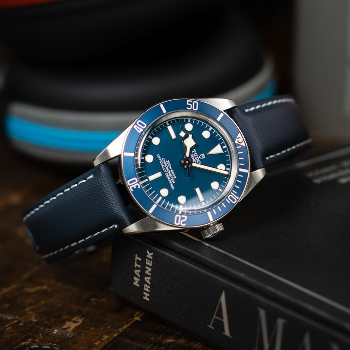 Navy Sailcloth on Tudor Black Bay 58 dive watch - Anchor Strap Co.