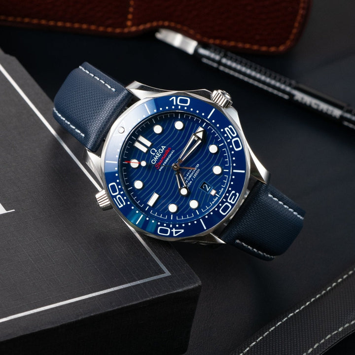 Navy Sailcloth on Omega Seamaster dive watch - Anchor Strap Co.