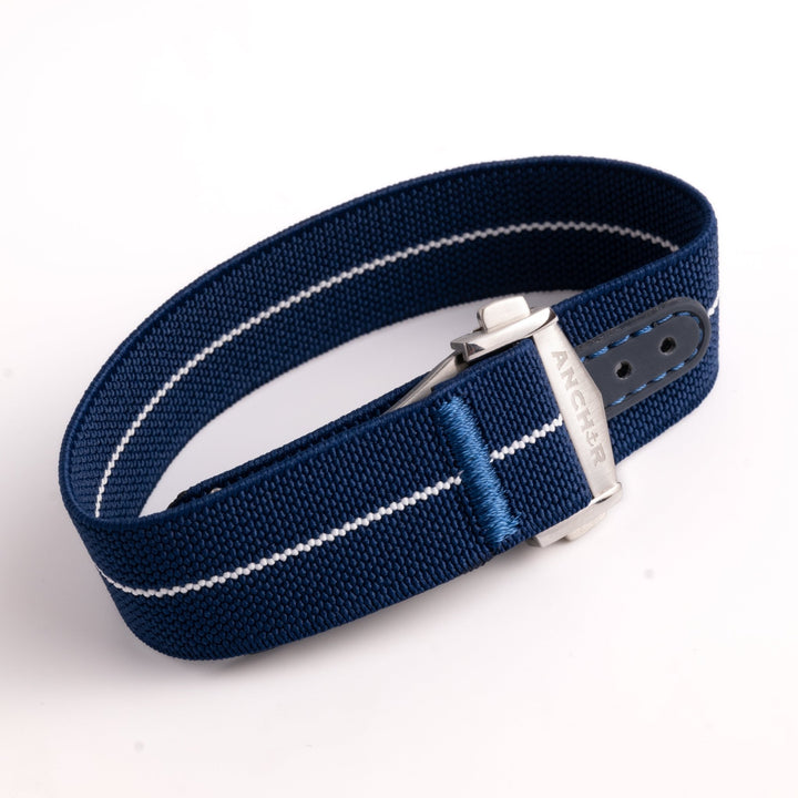 Navy &amp; White Deployant Elastic Strap - Anchor Strap Co.